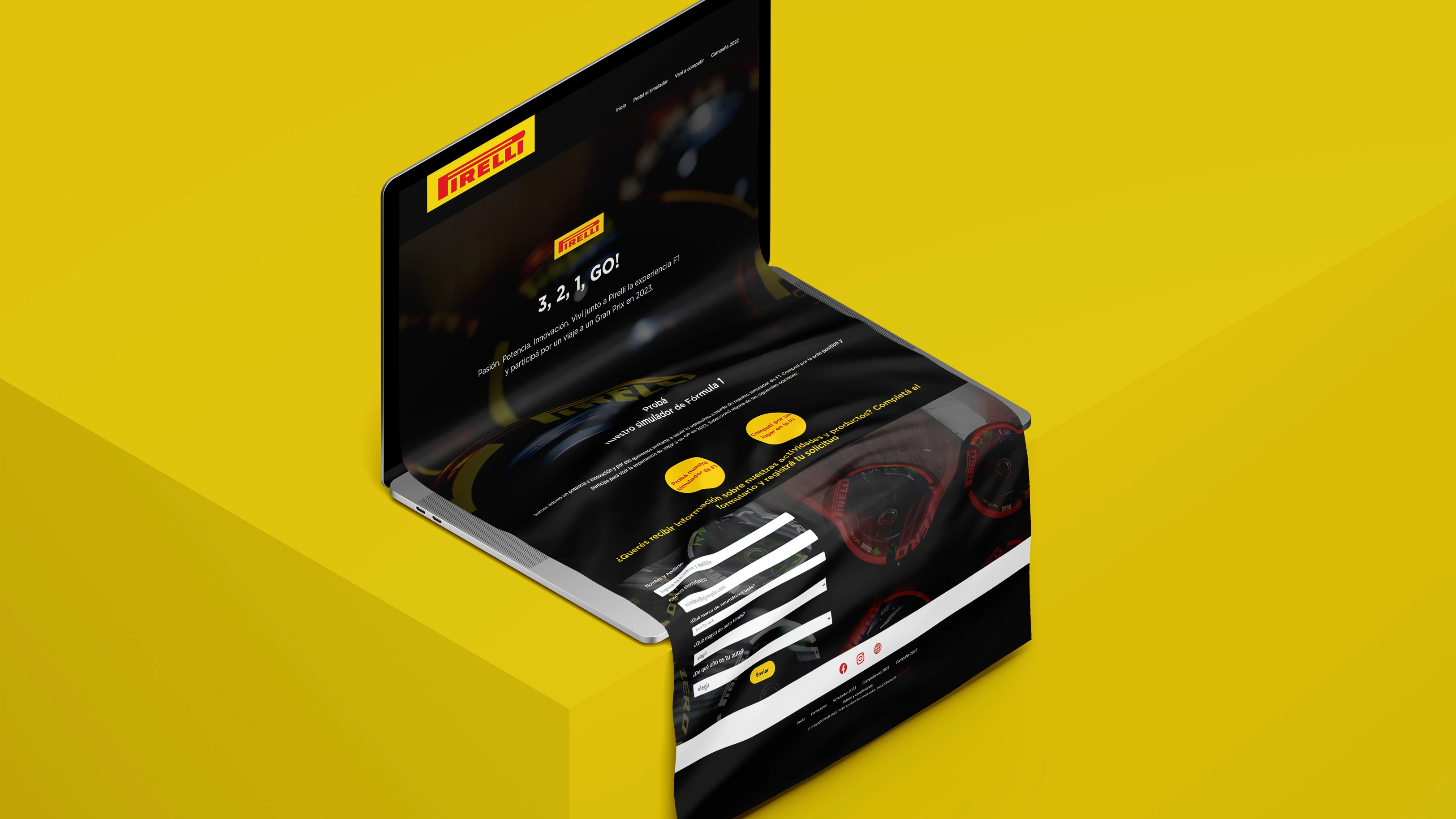 Laptop sobre fondo amarillo con la gráfica de la web de Pirelli p-experience