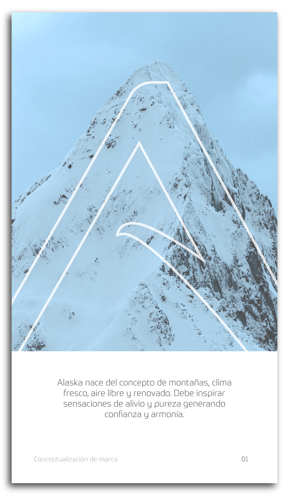 Concepto visual de marca Alaska con montaña nevada y letra A sobre la montaña