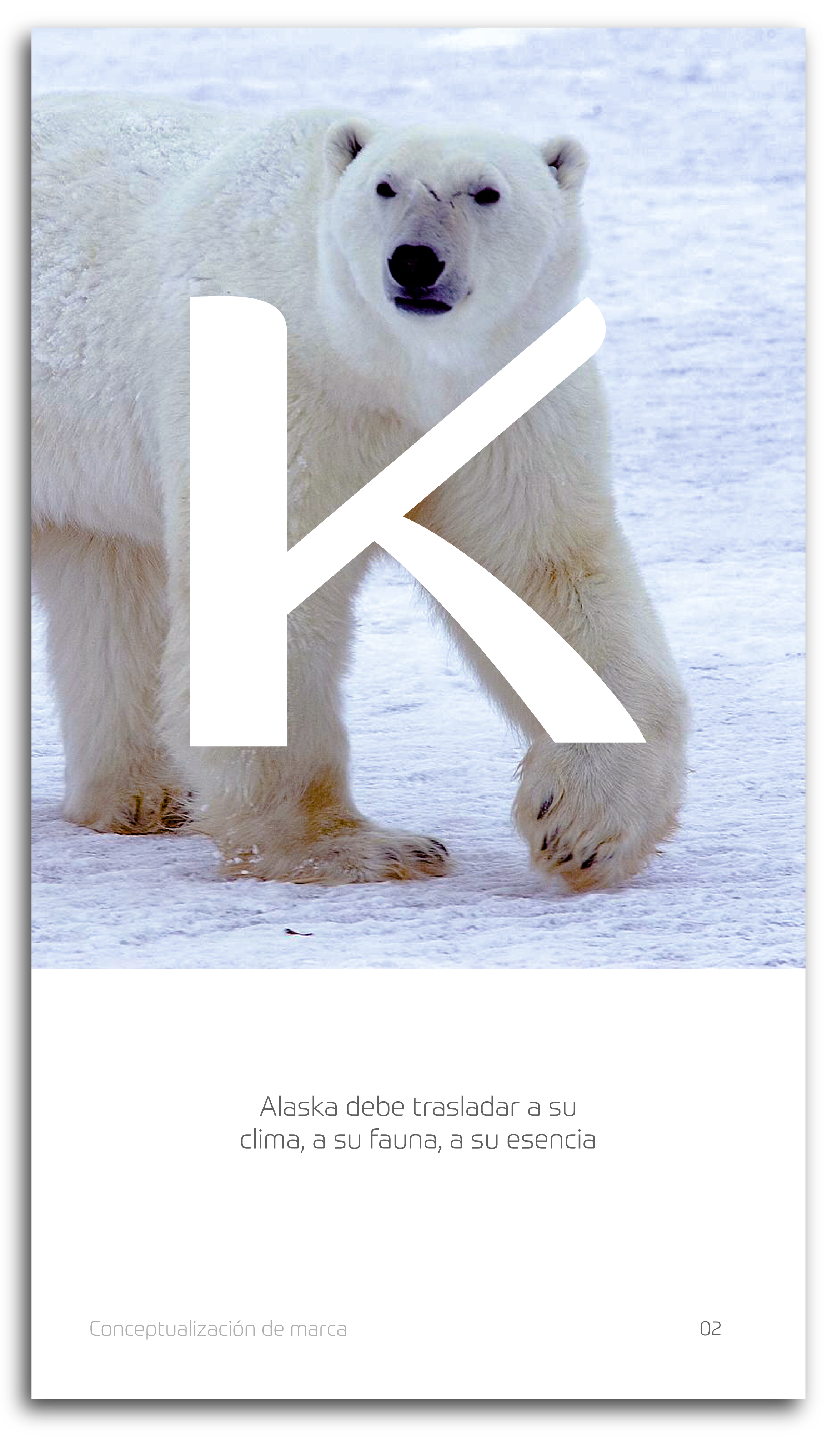 Concepto visual de marca Alaska con oso polar y letra K sobre fondo nevado