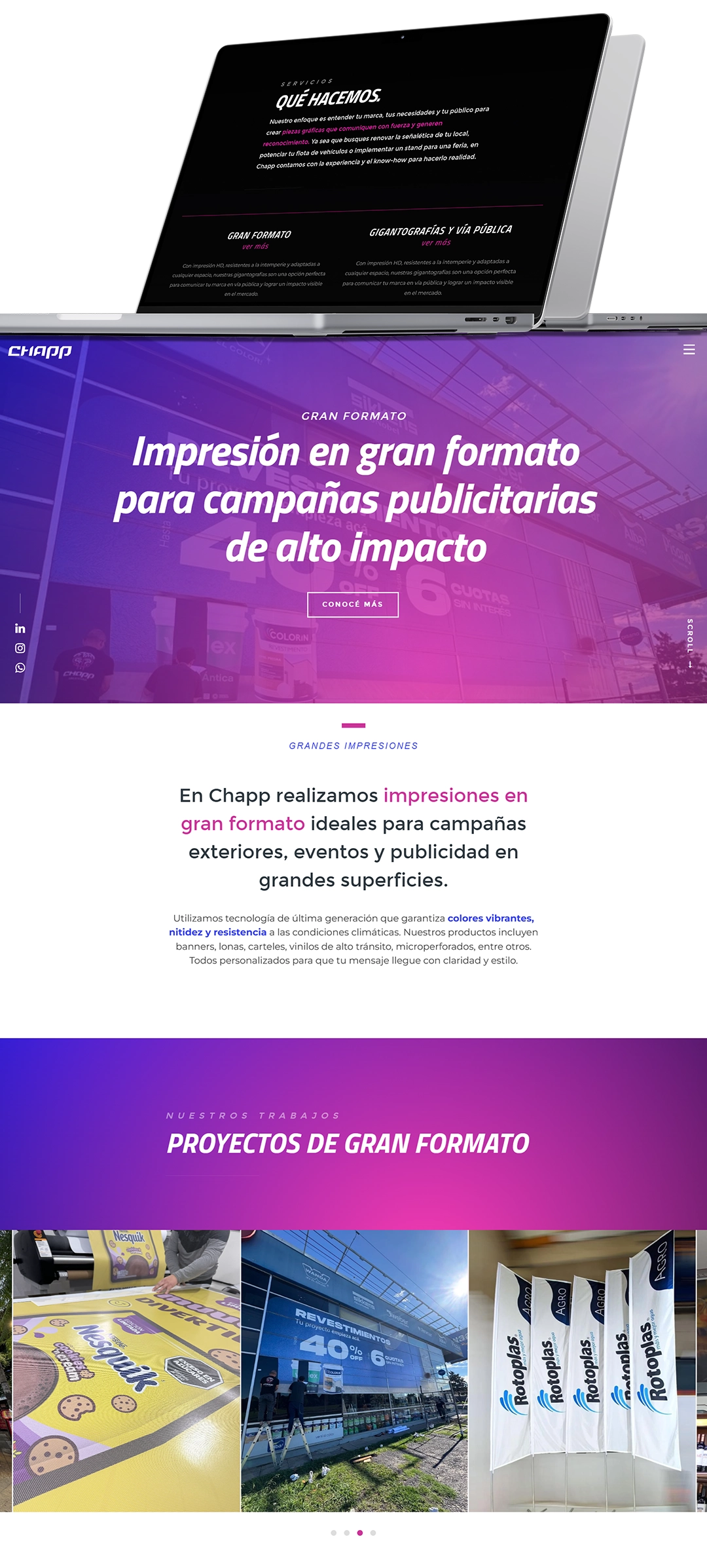 secciones de las paginas de chapp, con una laptop encima