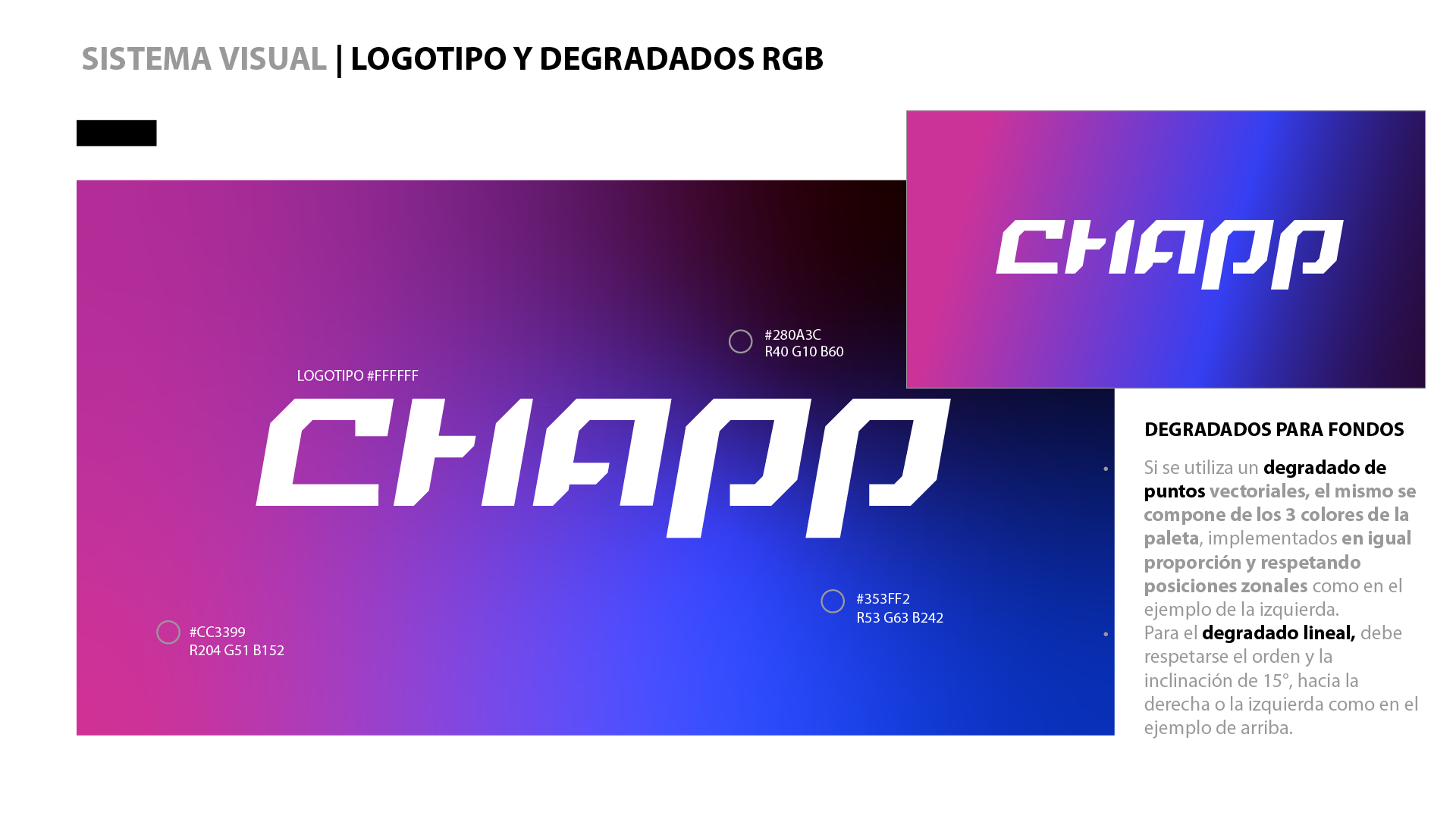 Logo Chapp blanco, sobre fondo vaporwave en RGB, con la explicación de su uso
