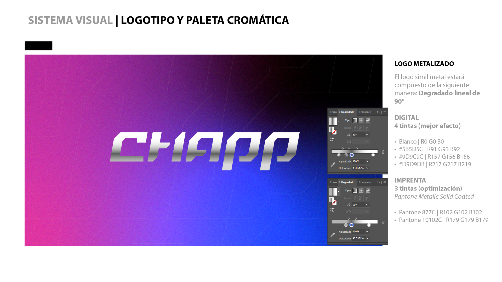 Logo Chapp metalizado sobre fondo vaporwave, con explicación del uso en digital e impreso