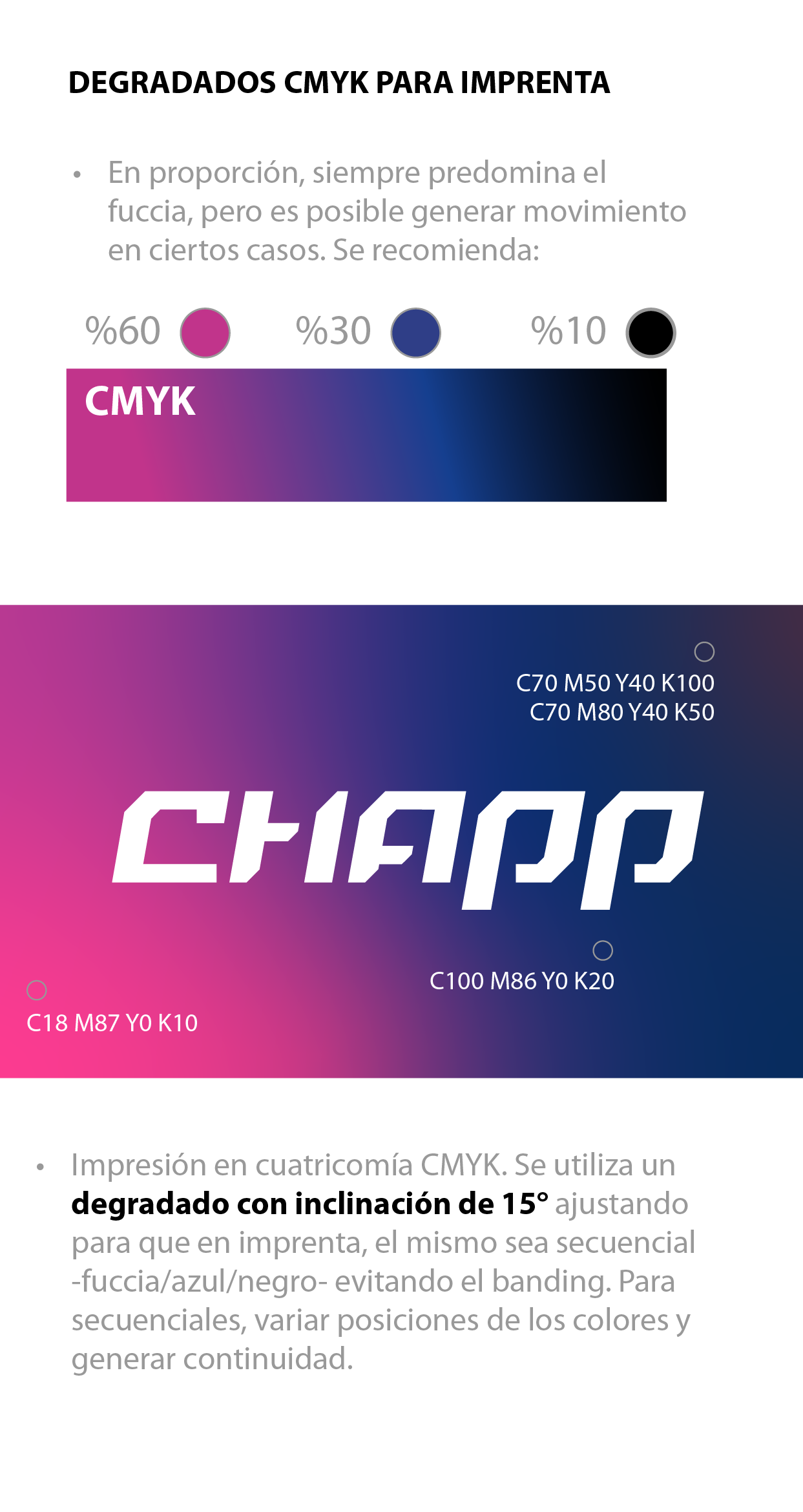 Logo Chapp blanco, sobre fondo vaporwave en CMYK, con la explicación de su uso